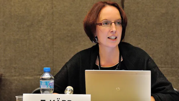 Rev. Triin KÃ¤pp moderating a panel discussion on violence against women at the UN in Geneva. Photo: NGO CSW Geneva