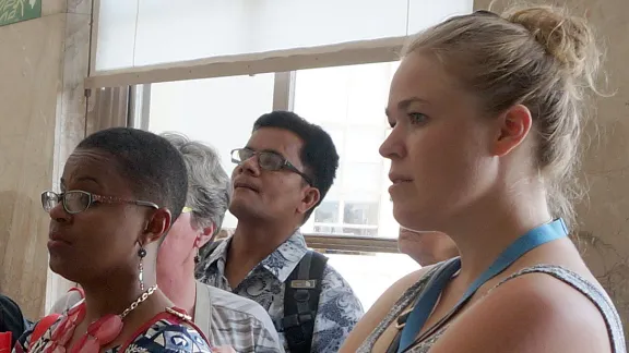 Marta Spangler, right, with workshop participants during a visit to the UN Geneva office. Photo: LWF/E. Neuenfeldt