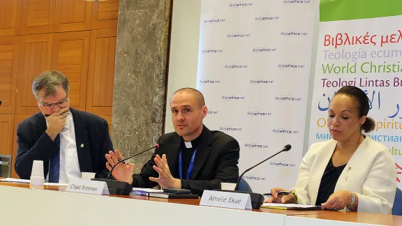 From left to right: Prof. Rudolf Von Sinner (EST), Rev. Dr Chad Rimmer (Study Secretary for Lutheran Theology and Practice) and and Prof. AmÃ©lÃ© EkuÃ© (Bossey)  at the GlobeTheoLib Consortium on 13 April in Geneva, Switzerland.