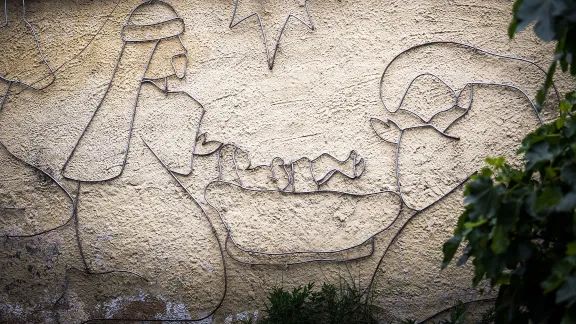 A nativity scene decorates a wall outside a church in BogotÃ¡, Colombia. Photo: courtesy of Albin Hillert