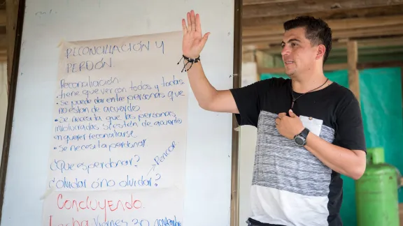 Edwin Mosquera leads a workshop on forgiveness and reconciliation as part of the âFrom War to Peaceâ project of the Evangelical Lutheran Church in Colombia which supports three communities in the northwest Antioquia region. Photo: LWF/A. Hillert