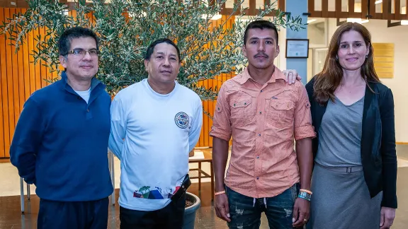 Prize winners GermÃ¡n Graciano Posso and  Genaro de JesÃºs Graciano with Verdiana Garcia from the Church of Sweden and Cesar Grajales, Diakonia Sweden Colombia Program. Photo: LWF/S. Gallay