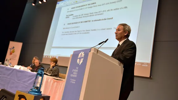 The LWF Council endorsed the report of the Mennonite task force at its June meeting. It was part of recommendations from the Committee for Theology and Ecumenical Relations, presented by its chairperson, Presiding Bishop Dr MiloÅ¡ KlÃ¡tik, Evangelical Church of the Augsburg Confession in the Slovak Republic. Photo: LWF/M. Renaux