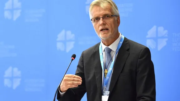 Report of the LWF General Secretary Martin Junge at the Council 2018 in Geneva. Photo: LWF/Albin Hillert