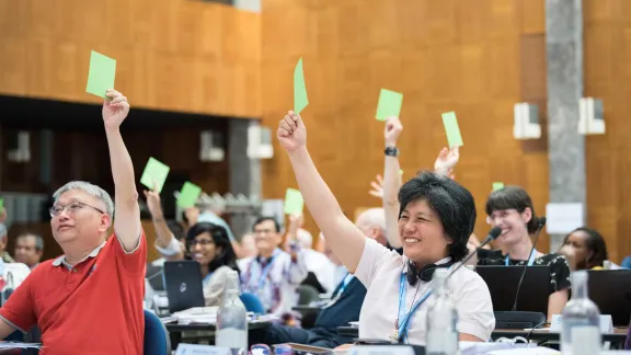 Members of the LWF Council welcome three new members to the communion. Photo: LWF/Albin Hillert