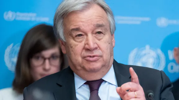 UN Secretary-General AntÃ³nio Guterres during a briefing on COVID-19 at WHO headquarters in Geneva. 24 February 2020. UN Photo / Jean Marc FerrÃ© 