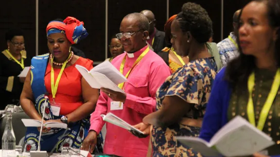 Faustina Manyangu, Evangelical Lutheran Church in Tanzania, Bishop Absalom Mnisi, ELCSA and Shoni Ngobeni, LUCSA at the opening worship of the LWF Africa Pre-Assembly. Photo: LWF/A. WeyermÃ¼ller 