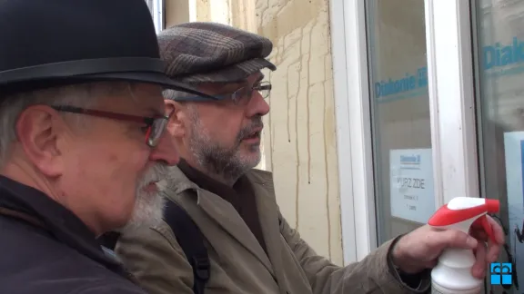 ECCB synodal leader Daniel Å½enatÃ½, left, and synod council member JiÅÃ­ Schneider before the entrance of the Diaconia office in Prague. Photo:ECCB.