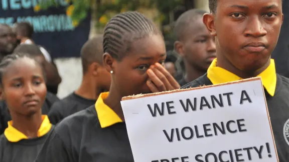 Children from four Lutheran Schools in Liberia take part in a demonstration to stand against all forms of violence. Photo: LCL/ Linda Johnson Seyenkulo 