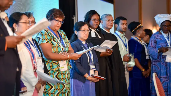 Women's pre-assembly participants deliver their message to the LWF Assembly gathered in Namibia, on 10 May 2017. Photo: LWF/Albin Hillert