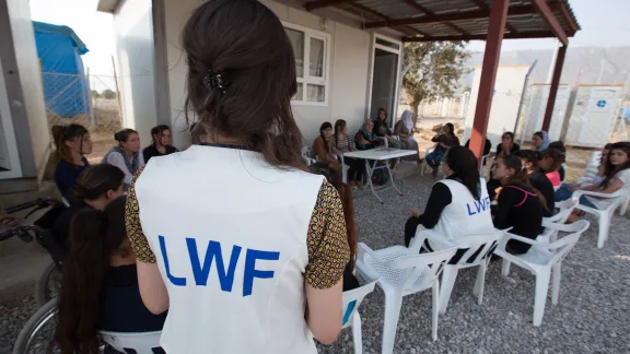 A Women's Awareness session taking place at the Women Friendly Space (WFS) in Daudiya camp for Internally Displaced Persons (IDPs), Amedy District, Duhok Governorate, Kurdistan, Iraq. Photos: LWF/ Elma OKic