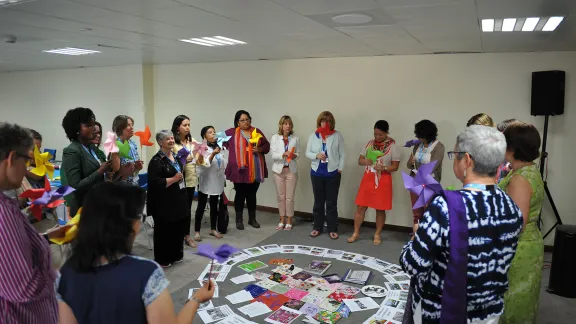 Women delegates and other officials preparing for LWF's Pre-Assemblies for Latin America, the Caribbean and North America, reflect together on how women's networks are mobilizing greater church support for women doing theology, those in leadership and implementation of the LWF Gender Justice Policy, in Paramaribo, Suriname, 28 August. LWF/P. Mumia