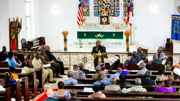 Saint John York, the National Coordinator of Waking the Giant in Liberia, speaks at the launch of the Waking the Giant initiative at the Liberia Council of Churches 32nd General Assembly at St. Stephen Episcopal Church, in Liberia, 2018. Photo: LWF/John Healey