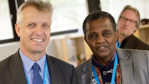 LWF General Secretary Rev. Martin Junge and Rev. Berhanu Edossa Ofgaa, General Secretary of the Ethiopian Evangelical Church Mekane Yesus at the Partnership Consultation. Photo: Marianne Ejdersten/WCC