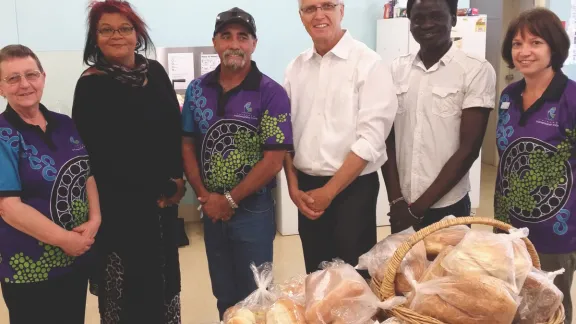 General Secretary Junge with Lutheran Community Care workers in Alice Springs, Australia. LCC staff explained how the organisation serves and meets needs of people who are doing it tough through its emergency relief program. 