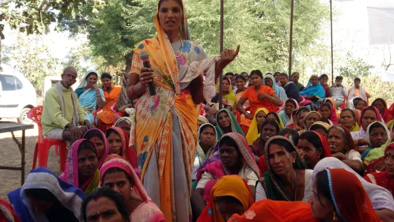 A member of a womenâs group with the Abhilasha Federation, shares her views during an empowerment training seminar focusing on the role of women in community development, leadership and economic empowerment, in Shahpur, Betul, Madhya Pradesh, India. Photo: ELC WESA PROJECT