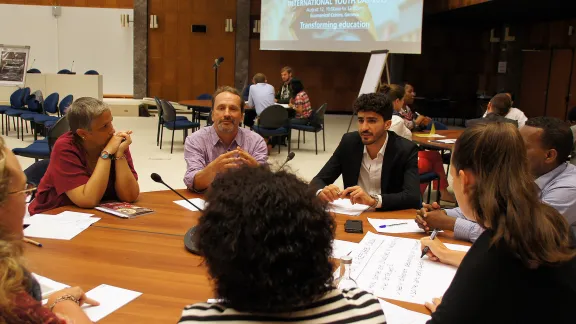 Young people discussed migration, unemployment, climate and gender justice and the challenges of radical extremism at the International Youth Day event in the ecumenical Center, co-hosted by WCC, WCSF and LWF. Photo: LWF/ C. KÃ¤stner