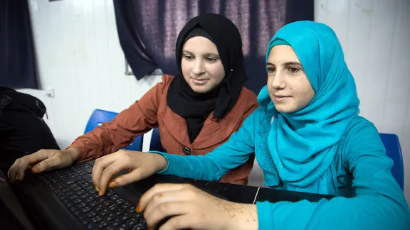 Young women in a Peace Oasis computer workshop. Photo: LWF/ M. de la Guardia