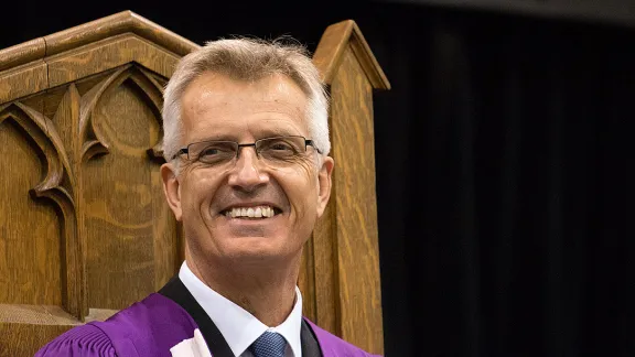  LWF General Secretary Rev. Dr Martin Junge smiles during the afternoon convocation ceremony at Wilfrid Laurier University in Waterloo, Ontario, Canada, during which he received an Honorary Doctor of Divinity degree. Photo: Waterloo Lutheran Seminary