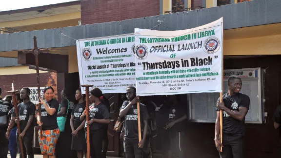 Acolytes of the Lutheran Church in Liberia prepare to lead the march protesting all forms of violence in the Thursdays in Black campaign. All photos: LCL/ Linda Johnson Seyenkulo