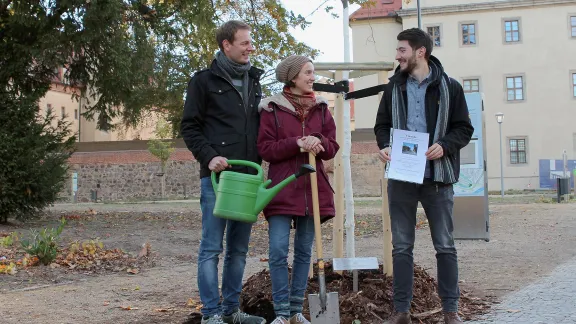 (From left) Sebastian Bugs, Sophie Bimmermann and Lasse Schmidt-Klie, members of the GNC/LWF Youth Committee planted the final tree in Wittenbergâs Luthergarten on Reformation Day. Photo: GNC/LWF / Florian HÃ¼bner