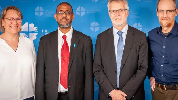 LWF and Islamic Relief Worldwide offered a joint pledge at the Global Refugee Forum in December 2019. From left: Ms Maria Immonen, Director of LWF World Service, Mr. Naser Haghamed, CEO of Islamic Relief Worldwide, Rev. Dr Martin Junge, General Secretary of the LWF, Mr Atallah Fitzgibbon, Faith Partnership Advisor for Islamic Relief Worldwide. Photo: LWF/S. Gallay