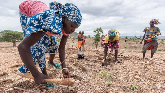 LWFs accreditation as observer to the UNEP Assembly provides a significant opportunity to channel the voices of those people most affected by environmental problems caused by climate change. The photo shows refugee women sowing groundnut near the Minawao camp for Nigerian refugees in Cameroon. Photo: LWF/Albin Hillert 