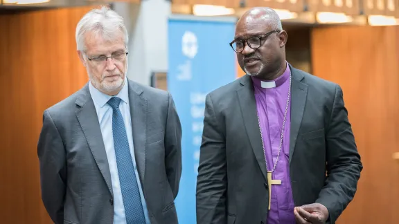 The LWF has urged members of the global community of states to mark the 70th anniversary of the Universal Declaration of Human Rights today by reaffirming commitment to the declaration and to safeguarding freedom, justice and peace in the world. LWF general secretary Rev. Dr Martin Junge (left) and LWF President Archbishop Musa Panti Filibus (right). Photo: LWF/Albin Hillert