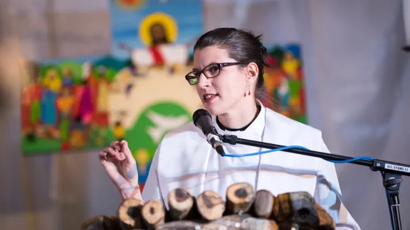 Rev. Lydia Posselt from the Evangelical Lutheran Church in America preaching at the Closing worship of the Twelfth Assembly of the LWF in Windhoek, Namibia. Photo: LWF/Albin Hillert