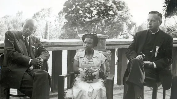 Speakers at the 1955 conference in Marangu included (from left) Dr Emmanuel Abraham (Ethiopia), E. M. Marealle (Tanzania), and LWF Executive Committee President Dr Franklin Clark Fry (USA). Photo: LWF Archives