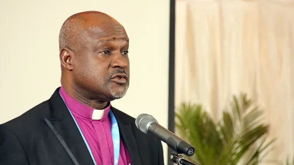 Lutheran Church of Christ in Nigeria Bishop Dr Panti Filibus Musa makes his presentation at the May 2015 consultation and 60th anniversary of African Lutheran church leaders in Moshi, Tanzania. Photo: LWF/Tsion Alemayehu