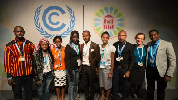 The LWF youth delegation to the COP22 UN climate conference in Marrakech, Morocco. (l-r) Pascal Kama, The Lutheran Church of Senegal; Ditebogo Caroline Lebea, Evangelical Lutheran Church in Southern Africa, South Africa; Lily Kwaw, Evangelical Lutheran Church of Ghana; Mari Oumar Sall, LWF World Service Mauritania; CÃ©drick Yumba Kitwa, Evangelical Lutheran Church in Congo; Mami Brunah Aro Sandaniaina, Malagasy Lutheran Church, Madagascar; Khulekani Sizwe Magwasa, Evangelical Lutheran Church i