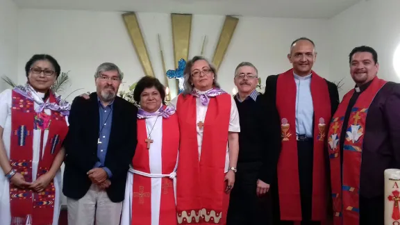 From left to right: Ordained pastors of the Mexican Lutheran Church; Karina Carmona, JosÃ© Alcantara, SofÃ­a Tenorio, Ãngela Trejo, David Brondos, Roberto Trejo and MoisÃ©s Espino following the worship service celebrating 10 years of womenâs ordination. Photo: L. Tenorio/ILM