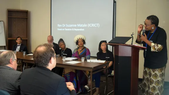 Rev. Suzanne Membe Matale addresses a panel on âTaxation and Reparation: Tools for promoting equity, climate justice & an economy of lifeâ at a side event during a 2019 UN High-Level Political Forum on the SDGs. Photo: ELCA/Rebecca Anderson