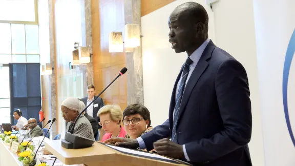 LWF Assistant General Secretary for International Affairs and Human Rights, Dr Ojot Miru Ojulu addresses the Geneva conference. Photo: WCC/Ivars Kupcis