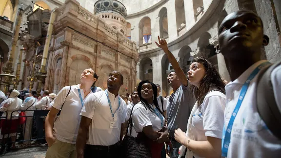 Participants in the LWF Peace Messenger Training tour the Church of the Holy Sepulchre in Jerusalem on Friday September 22, 2017 while visiting holy sites in the Old City. Photo: ELCJHL/Ben Gray