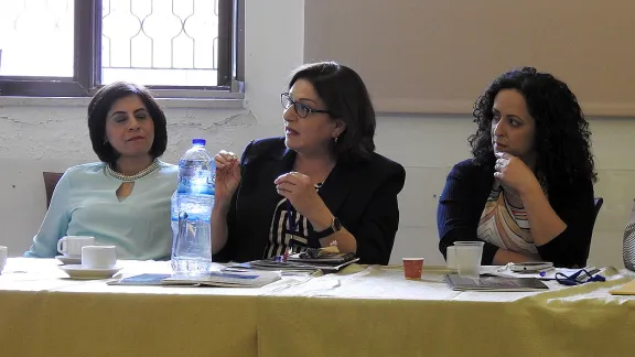 Workshop co-organizer Suad Younan, middle, encouraged the Holy Land church to use its prophetic voice and tools to challenge ecclesiastical and socio-political fixtures, during the launch of the gender justice policy in Arabic. Photo: LWF/E. Neuenfeldt