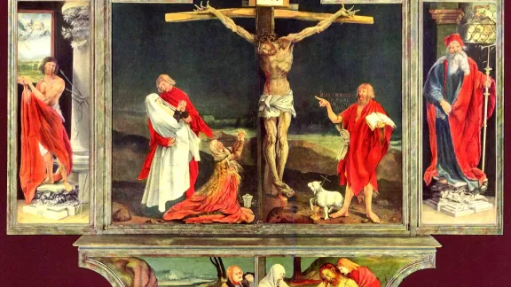 The Isenheim Altarpiece painted by Matthias GrÃ¼newald in 1512â1516 showing Jesus' crucifiction. It was GrÃ¼newald's greatest and largest work, painted for the Monastery of St Anthony in Isenheim near Colmar, France. Credit: Public domain