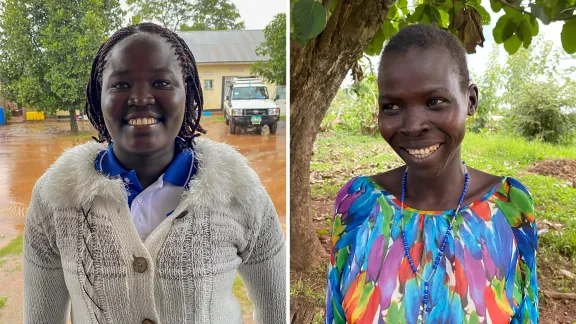 Adyero Paradise (left), a returnee in Magwi County and LWF South Sudan staff member â Lillian (right), a returnee in Magwi County interviewed by LWF South Sudan, September 2021. Photo: LWF/ C. Mattner