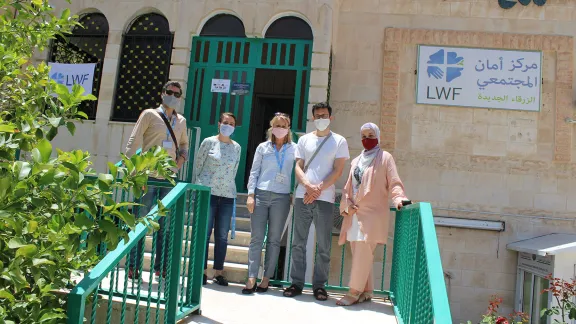 Erik Siegl from Czech Diaconia with LWFâs Caroline Tveoy and staff from the World Service team in Jordan outside the Aman community center in Zarqa. All photos: LWF/Jordan