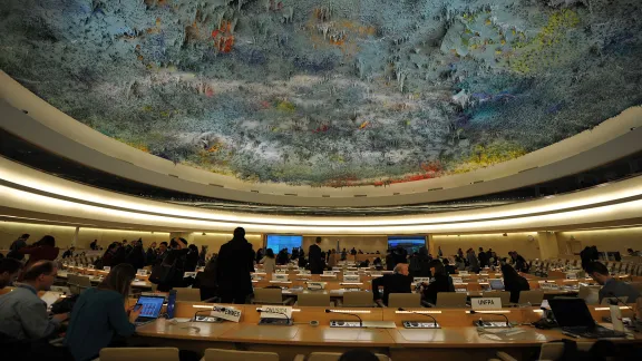 Plenarsaal des Menschenrechtsrates im Palais des Nations, wo die Sitzungen normalerweise stattfinden. Aufgrund der COVID-19-Pandemie wurden die Erklärungen für die 48. Sitzung online eingereicht. Foto: LWB/C. Kästner