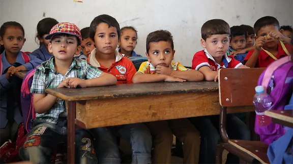 With the huge influx of Syrian refugees, classrooms in Mafraq public schools are even more crowded than usual.  Photo: LWF/Mats Wallerstedt