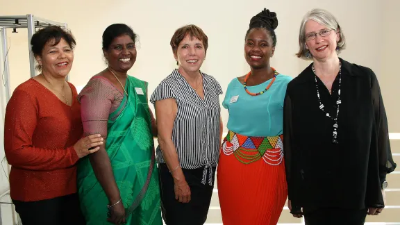 Sisters in faith: (from left) Rev. Sybil Chetty (South Africa), Dr Christy Ponni (India), retired Bishop Dr Margot KÃ¤Ãmann (Germany), Dr Ziyanda Mgugudo-Sello (South Africa) and Moderator Gabriele De Bona (ELM) . Photo: LWF/A. WeyermÃ¼ller