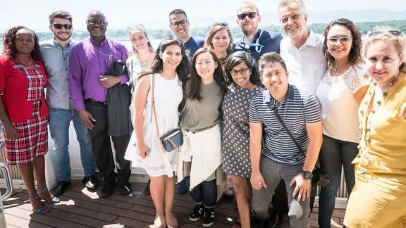 LWF Council youth members together with LWF general secretary Rev. Dr Martin Junge, and LWF President Archbishop Musa Panti Filibus. 1 July 2018, Geneva (Switzerland). Photo: Albin Hillert/LWF