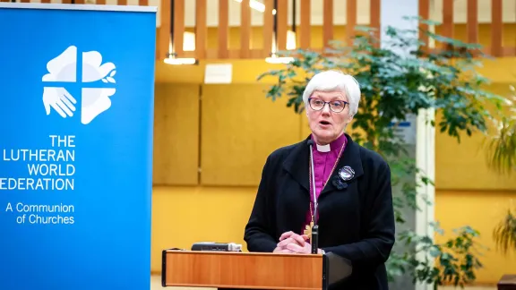 Archbishop Jackelén speaks at Geneva’s Ecumenical Center during the 2019 launch of an LWF publication entitled ‘Resisting Exclusion: Global theological responses to populism’. Photo: LWF/S. Gallay