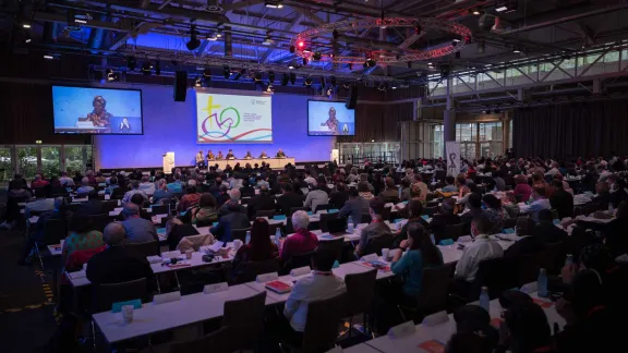 WCC central committee moderator Dr Agnes Abuom speaks at the opening plenary of the 11th Assembly of the World Council of Churches, held in Karlsruhe, Germany from 31 August to 8 September, under the theme "Christ's Love Moves the World to Reconciliation and Unity." Photo: Albin HILLERT, WCC