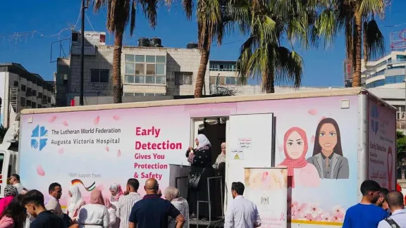 The mobile mammography screening unit, the “Pink Bus”, at Singel village in Ramallah on 3rd October 2022. The bus offers free screenings to women in Palestine and the West Bank. Photo: AVH