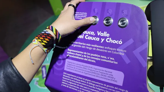 A display at the MAGMA interactive museum of risk showcases LWF Colombia-Venezuela's work in pioneering in ethnically sensitive approaches to disaster risk reduction. Photo: LWF Colombia