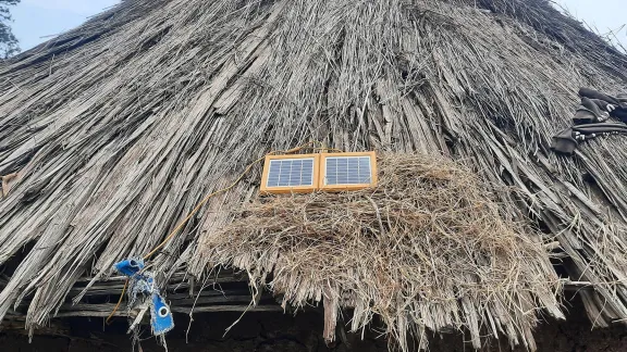 A photovoltaic panel on the roof of a tukul, a traditional clay house in Rukiye’s community. Photo: LWF/ S. Gebreyes