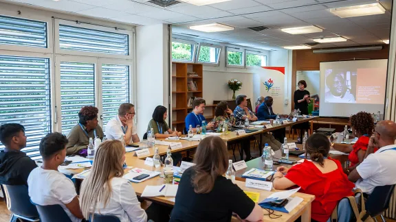 LWF Secretary General Rev. Dr Anne Burghardt addresses the lay leaders’ seminar in Geneva. Photo: LWF/S. Gallay